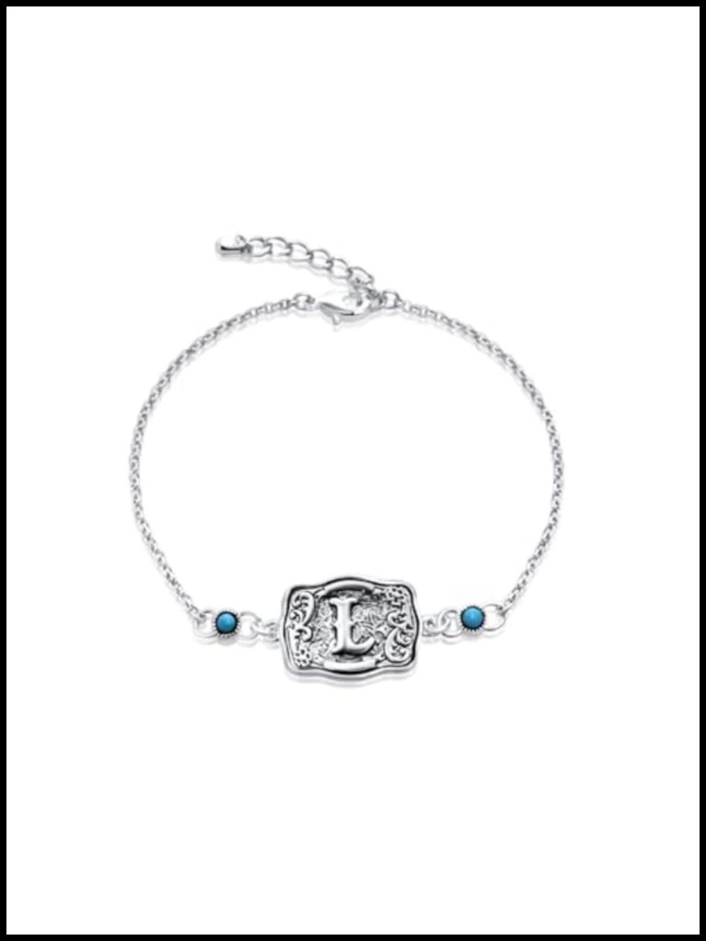 Western Initial Link Bracelet Sterling Silver Plated Genuine Kingman Turquoise